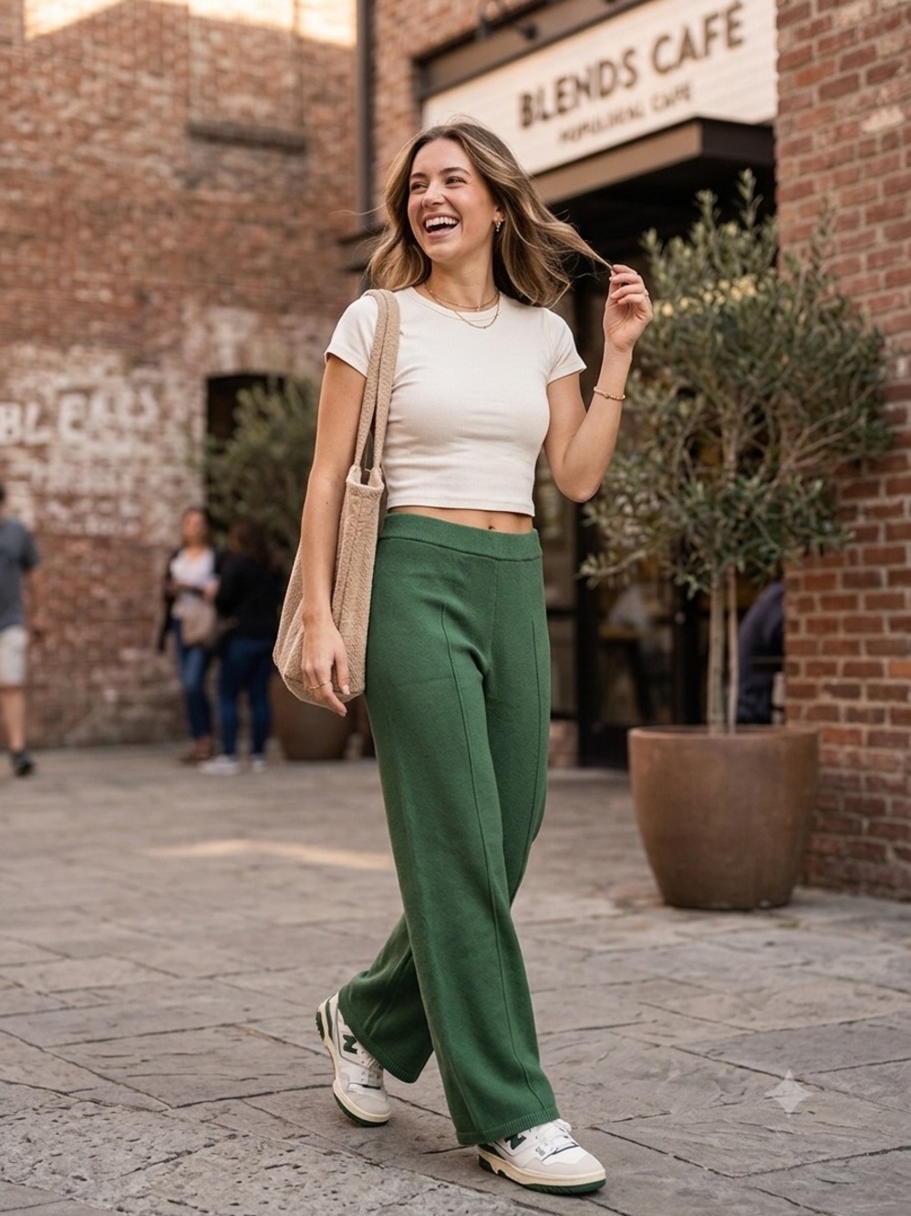 Cupshe Women's Green Knit Wide-Leg Pants - Casual Comfort. Size M